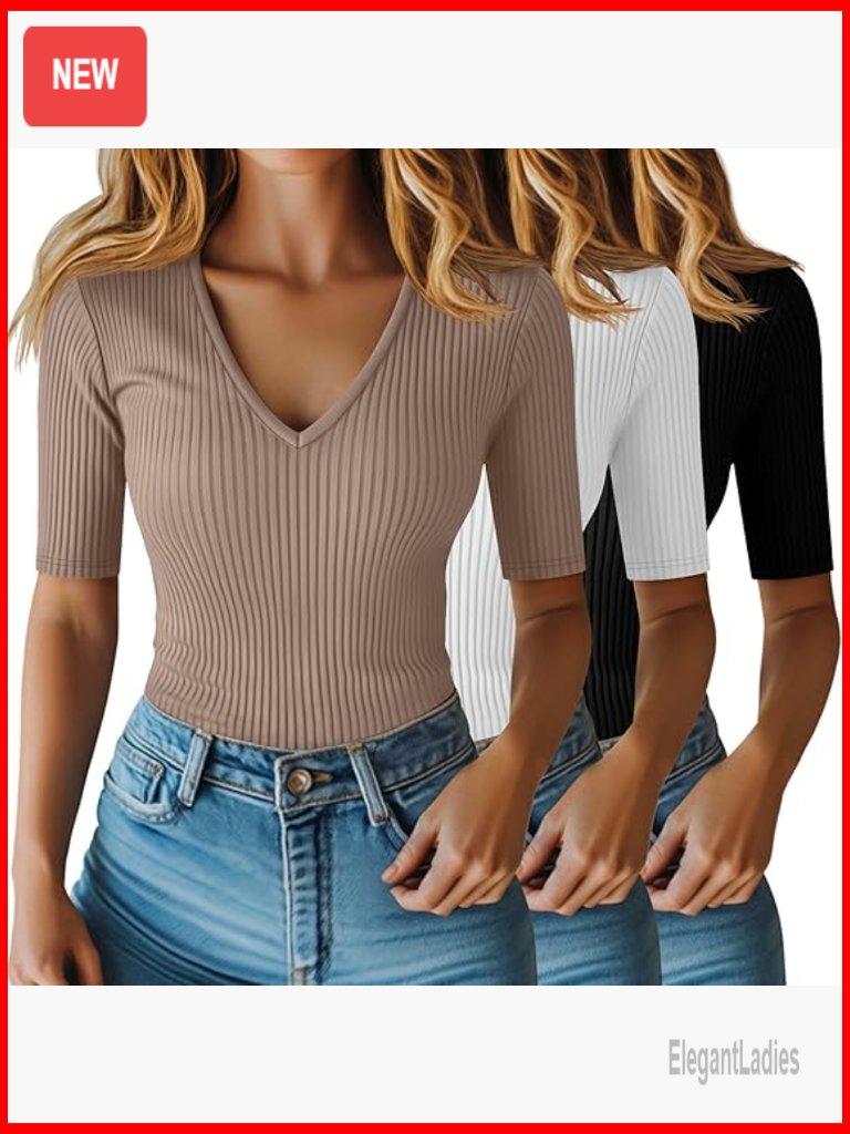 3 Pack Half Sleeve Ribbed Cotton T-Shirt V Neck Slim Fit Casual Blouses